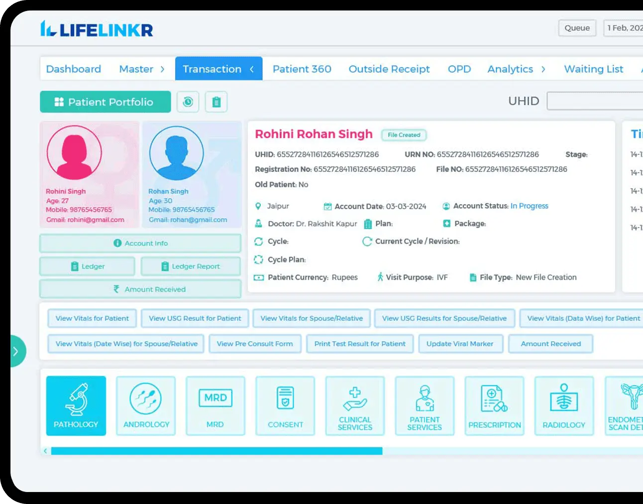 LifeLinkr patient portfolio screen showing a patient record with UHID, registration number, account status and treating doctor, alongside quick actions for vitals and reports and module tiles for pathology, andrology, MRD, consent, clinical services, prescription and radiology.